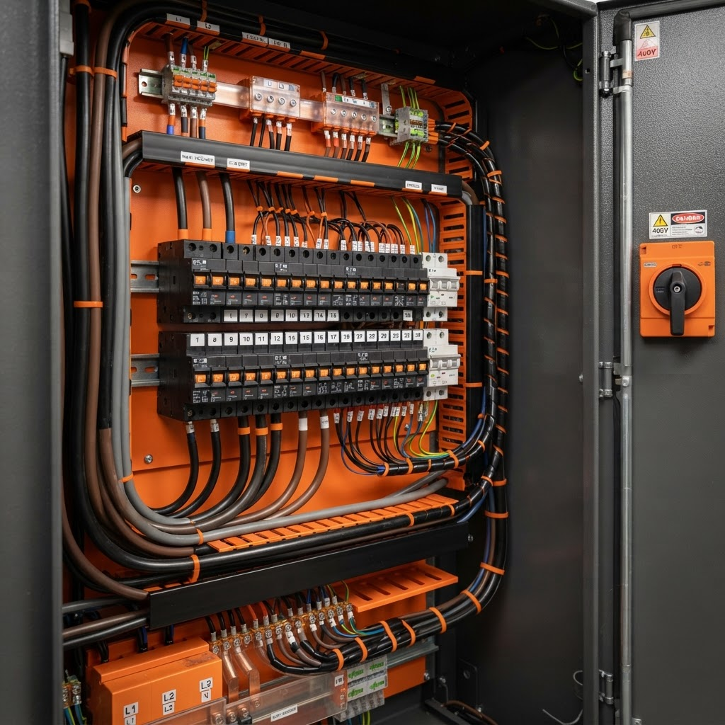 Professional electrical switchboard panel with neatly managed circuit breakers