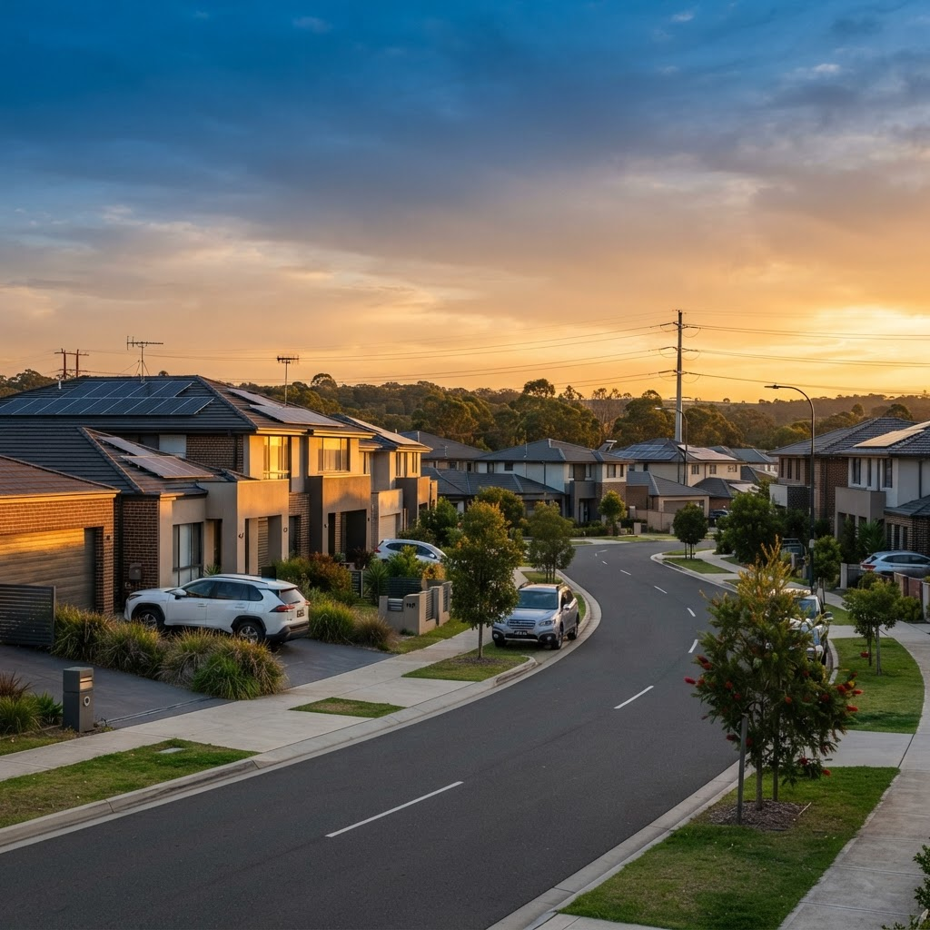 Gregory Hills NSW suburban neighbourhood at golden hour with modern homes