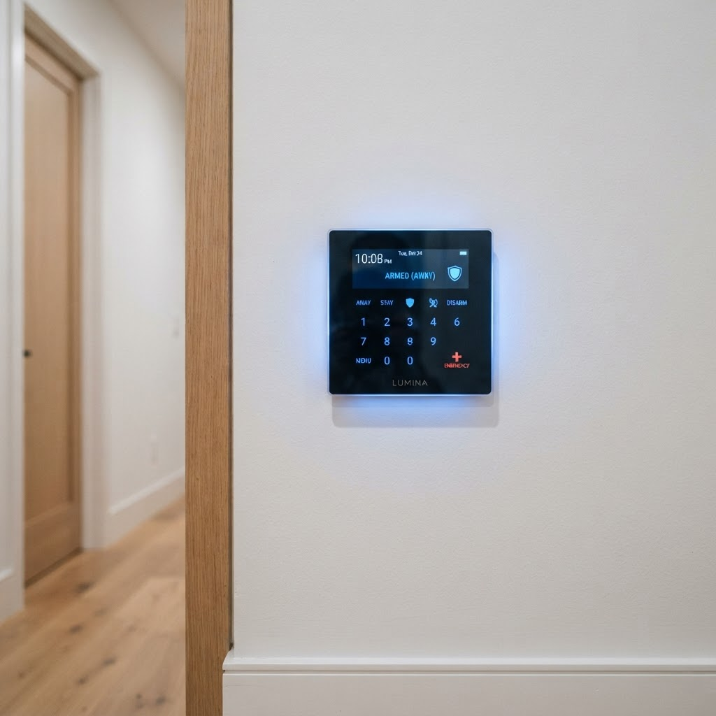Modern smart home alarm control panel with blue LED display on a clean wall