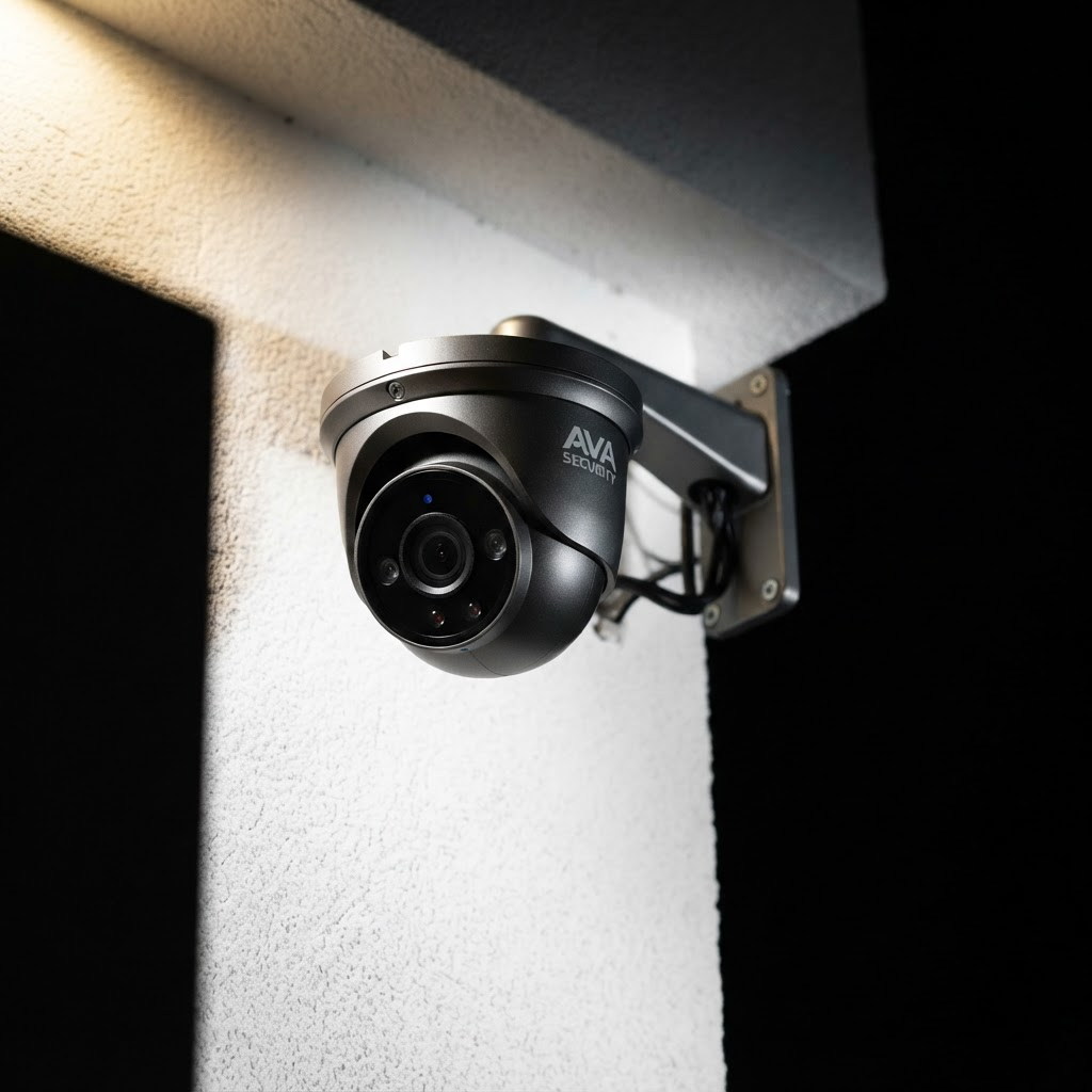 Modern CCTV security camera mounted on the exterior wall of a contemporary home