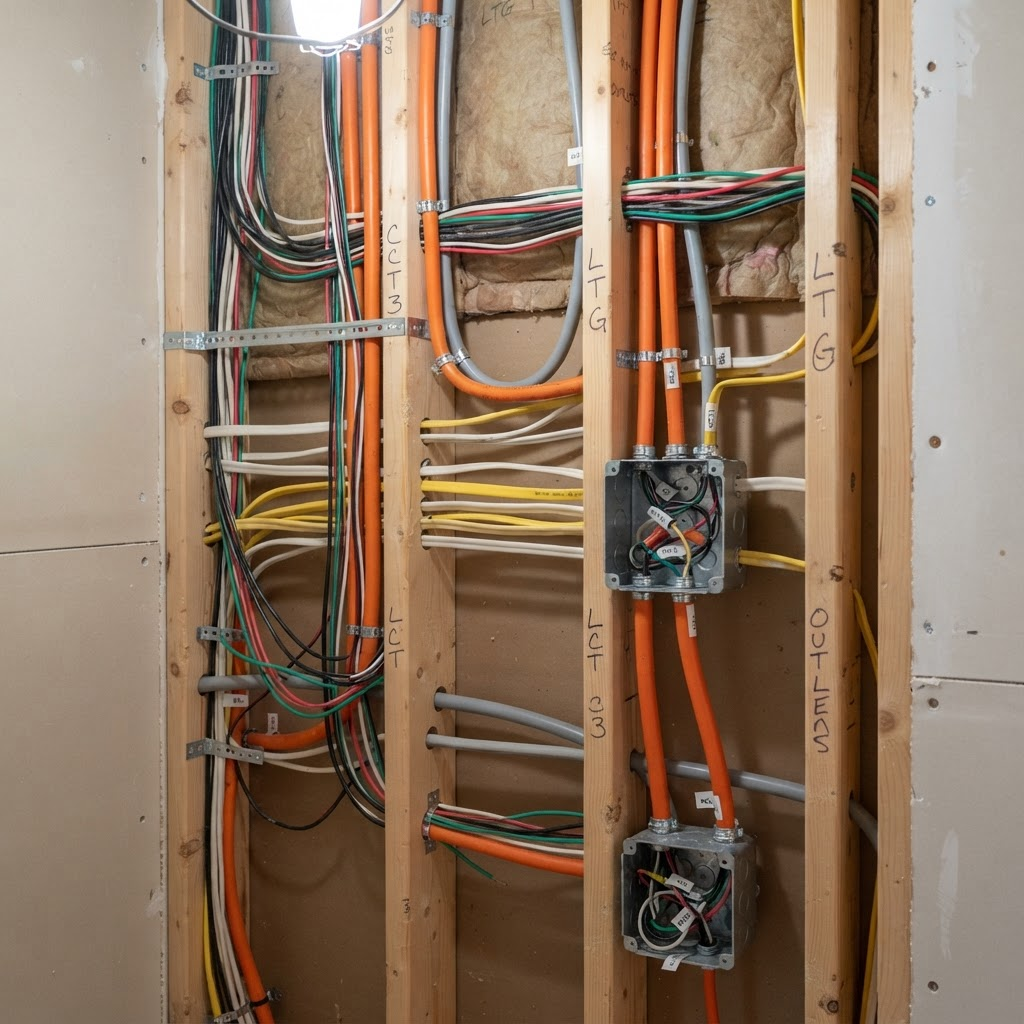Electrical wiring and conduit in a residential wall cavity showing neat cable management