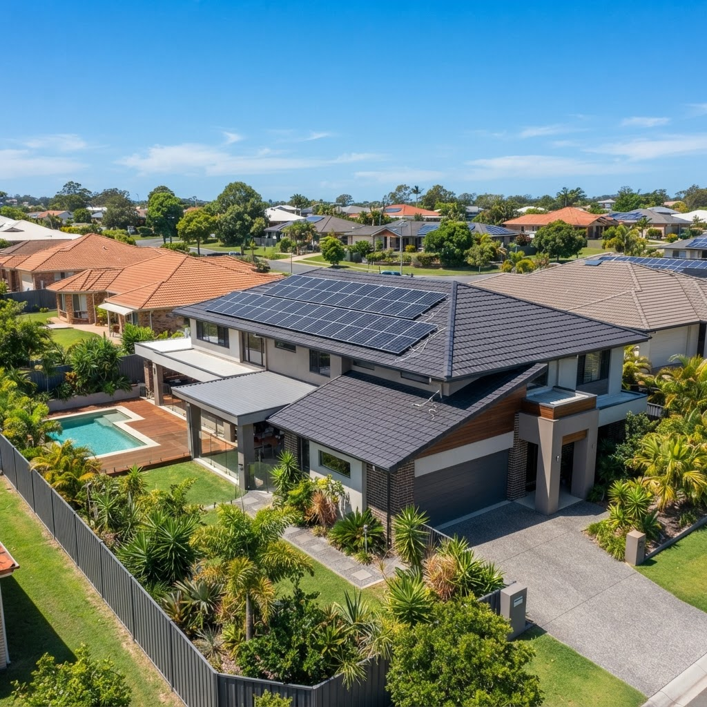 Solar panels installed on an Australian residential rooftop under clear blue sky